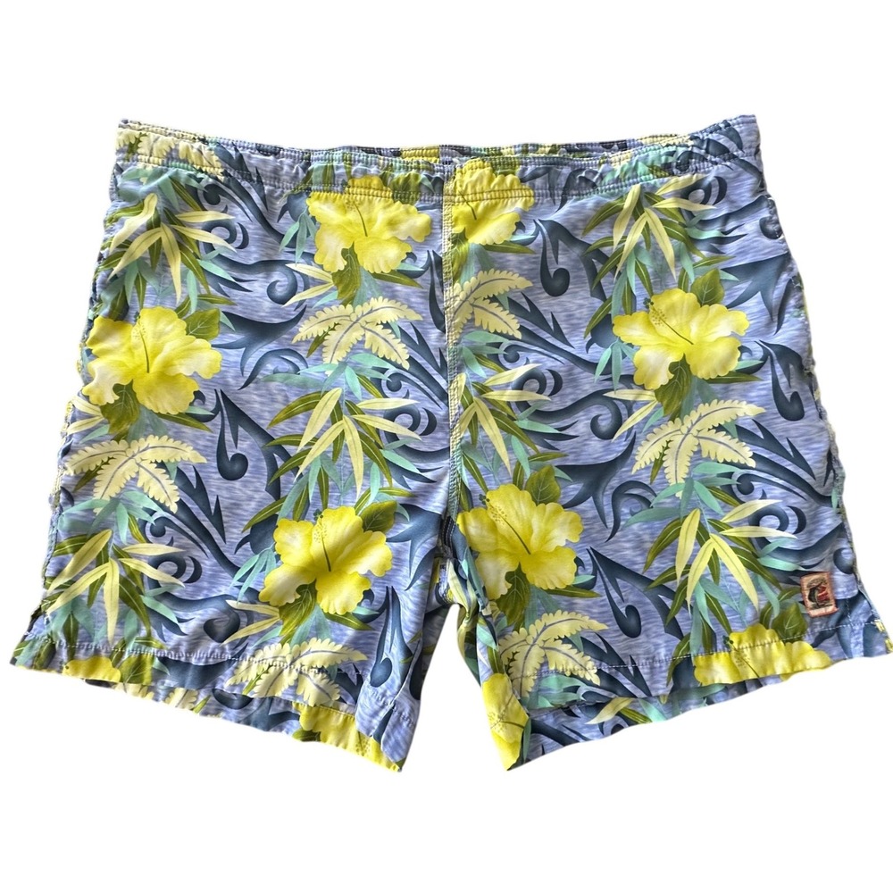 Tommy Bahama Mens Blue Yellow Tropical Floral Swim Trunks Board Shorts Large 6in